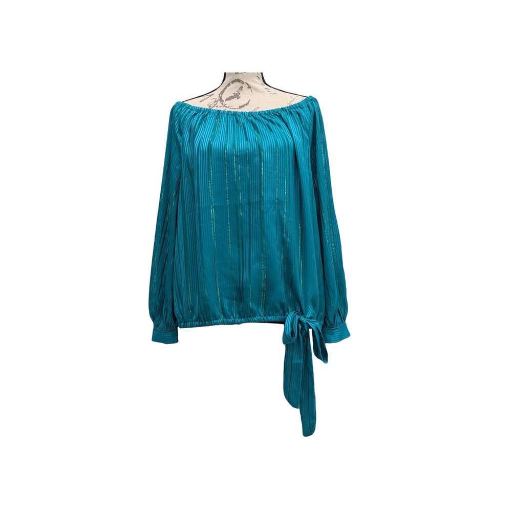Vince Camuto Metallic Striped Off Shoulder Tie Hem Blouse XL Teal - Picture 4 of 8